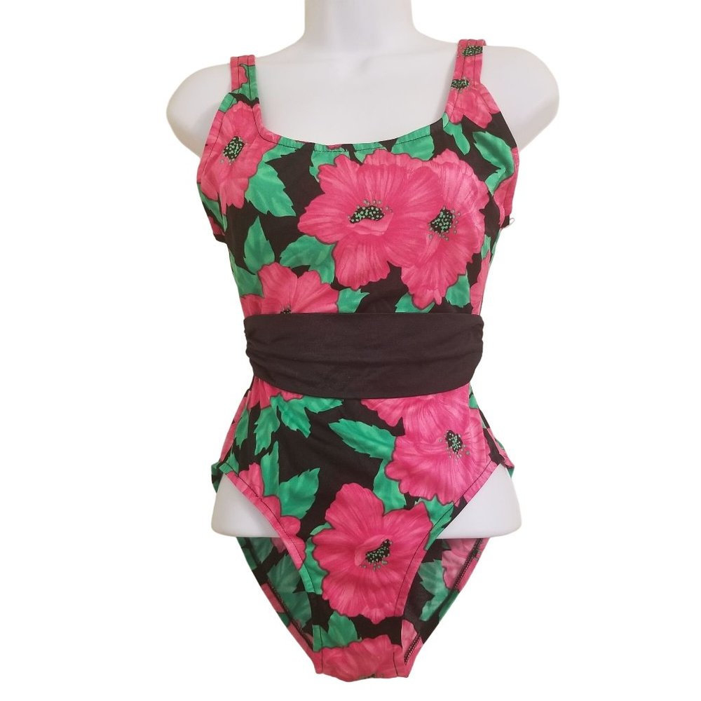 Windmills Swimwear Vintage 12 Bathing Suit 1 Pc Swim Red Green Floral USA High C